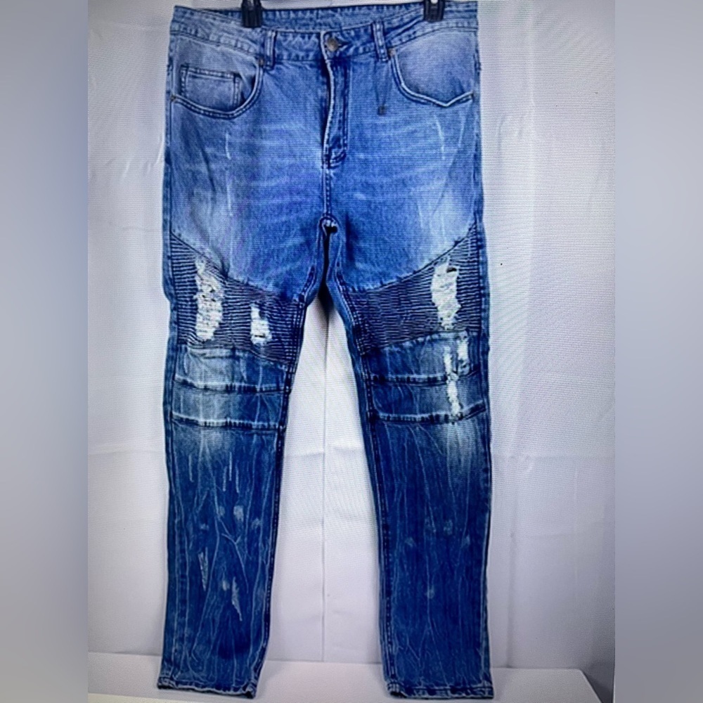 Y&R Men’s Blue Distressed Ribbed Knee Patched Jeans Size 34/32 New